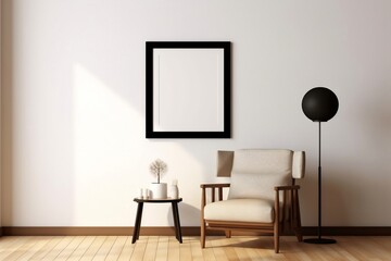 Vintage Asian Chair and White Poster Frame on Beige Wall, Ai Generated