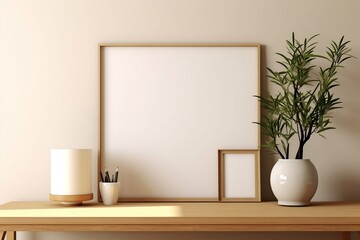 Modern Workspace with White Poster Frame and Green Bamboo Tree, Ai Generated