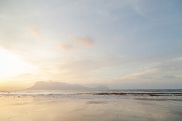 Bako national park, sea sandy beach, overcast, cloudy sunset, sky and sea, low tide. Vacation,...