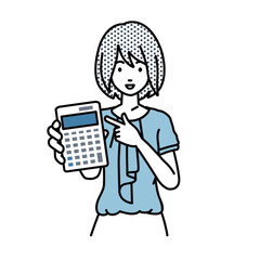 立って電卓を持ってこちらに向けて見せているオフィスカジュアルの女性