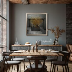 Comfortable Dining Room with Frame Mock-up. Generative AI