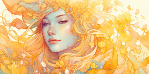 Watercolor young woman with flowers portrait art. Colorful creative watercolor illustration. Generative Ai