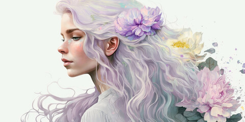 Naklejka premium Watercolor young woman with flowers portrait art. Colorful creative watercolor illustration. Generative Ai