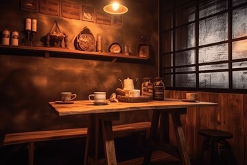 Fototapeta na wymiar Cozy Ambiance in Rustic Coffee Shop - AI Generated