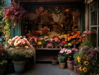Fototapeta na wymiar Vibrant Blooms in Quaint Flower Shop - AI Generated