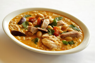  Authentic Taste of Porto - Portugal. Experience the iconic Tripas &agrave; Moda do Porto, a hearty dish of tripe, sausages, beans, and vegetables. white background. AI Generative