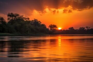 Fototapeta na wymiar Fiery African Sunset on the Zambezi River - AI Generated
