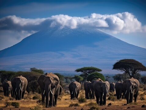Elephants Against the Backdrop of Mount Kilimanjaro - AI Generated