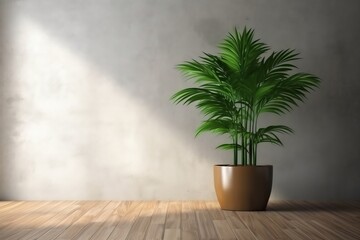 Cement Wall with Tropical Dracaena Tree on Parquet Floor, Ai Generated.