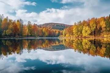 Fototapeta na wymiar Serene Fall Forest Reflection -AI Generated