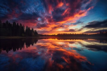Fototapeta na wymiar Intensely Colorful Sunset Over Lake - AI Generated