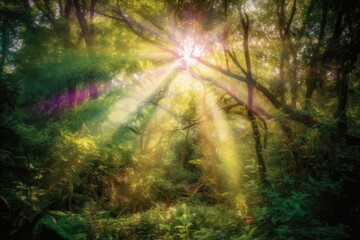 Fototapeta na wymiar Vibrant Forest Sunlight Streaming - AI Generated