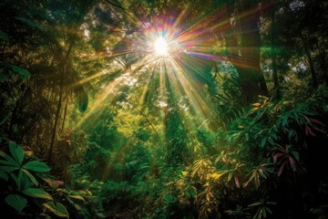 Fototapeta na wymiar Vibrant Forest Sunlight Streaming - AI Generated