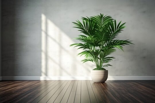 Cement Wall with Tropical Dracaena Tree on Parquet Floor, Ai Generated.