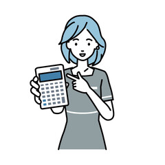 立って電卓を指差してこちらに向けて見せているエステ店員・受付・接客係の女性