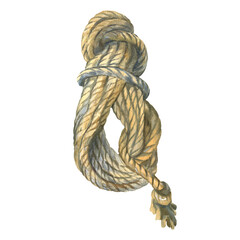 Watercolor illustration of rope roll for camping isolated on white background. Marine rope for your design and decor. Sea knot made of rope.