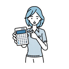 立って電卓を指差してこちらに向けて見せているポロシャツの女性