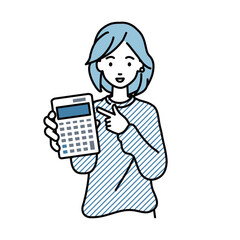 立って電卓を指差してこちらに向けて見せているスウェットの女性