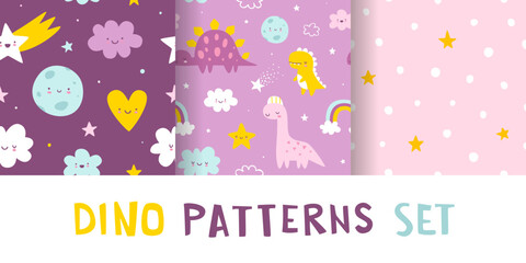 Cute pattern set with sleeping dino in the sky. Seamless print collection with cute dinosaurs for baby girls bedding and pajamas.