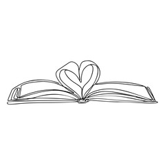 One Line Open Book Heart from Pages Drawing, Continuous modern illustration