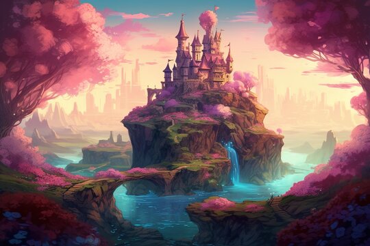 a picture of a castle in the midst of a wooded area Generative AI