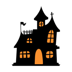 silhouette of vampire castle Scary ghost house on Halloween night.