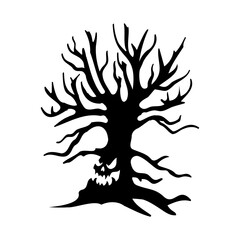 dry tree silhouette Ghost tree with scary devil face for Halloween card decoration