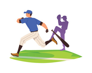 Running baseball player threw bat flat style, vector illustration
