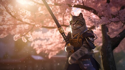 Fototapeta na wymiar hadsome cute cat samuray dress