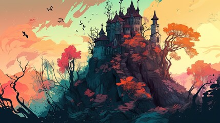 Fototapeta na wymiar Fantasy Awakening: A Magical Castle atop a Hilltop Forest in Stunningly Colourful Pop-Art Surrealism. Generative AI