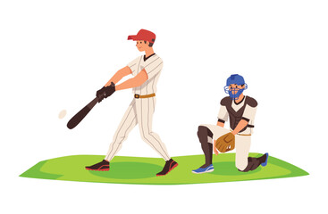 Baseball batter and catcher players flat vector illustration isolated.