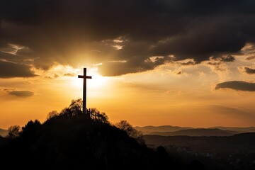 God's Symbol of Faith: A Cross Against a Mountain Sunset Sky, Generative AI