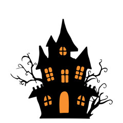 silhouette of vampire castle Scary ghost house on Halloween night.
