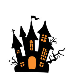 silhouette of vampire castle Scary ghost house on Halloween night.