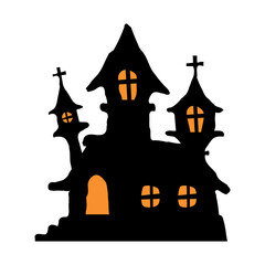 silhouette of vampire castle Scary ghost house on Halloween night.