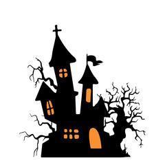 silhouette of vampire castle Scary ghost house on Halloween night.