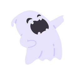 Cartoon ghost in white robe floating Haunt and scare people on Halloween night.