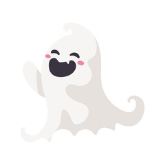 Cartoon ghost in white robe floating Haunt and scare people on Halloween night.