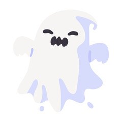 Cartoon ghost in white robe floating Haunt and scare people on Halloween night.