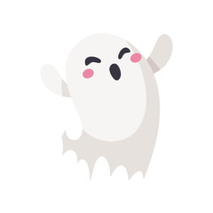 Cartoon ghost in white robe floating Haunt and scare people on Halloween night.