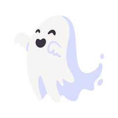 Cartoon ghost in white robe floating Haunt and scare people on Halloween night.