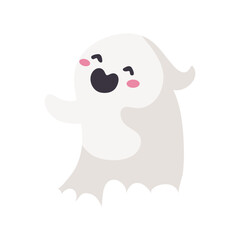 Cartoon ghost in white robe floating Haunt and scare people on Halloween night.