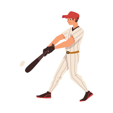 Baseball hitter batting ball with bat, flat vector illustration isolated on white background.