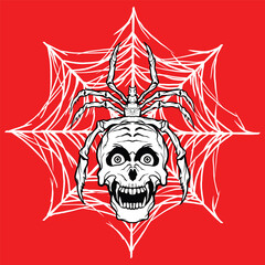 vector of spider and web with skull illustration 