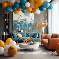 living room interior, happy birthday celebration decoration by generative AI.