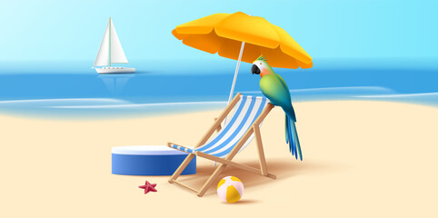 Holiday sea landscape with 3d summer composition with product placement pedestal on the beach with beach chair and umbrella with coconut cocktail and starfish and yaucht on the backdrop