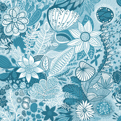 Floral seamless pattern - blue and white, flowers background, half drop repeat