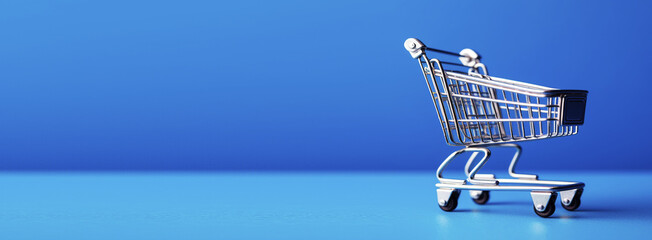 Shopping cart in blue background with copy space. Generative AI.