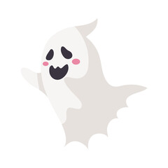Cartoon ghost in white robe floating Haunt and scare people on Halloween night.