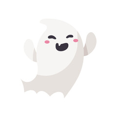 Cartoon ghost in white robe floating Haunt and scare people on Halloween night.